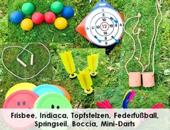 Freizeitkiste mit Topfstelzen, Springseil, Boccia-Kugeln, Federfußbällen Frisbee-Scheiben, Minidarts mit Armbrust und Handfederbällen